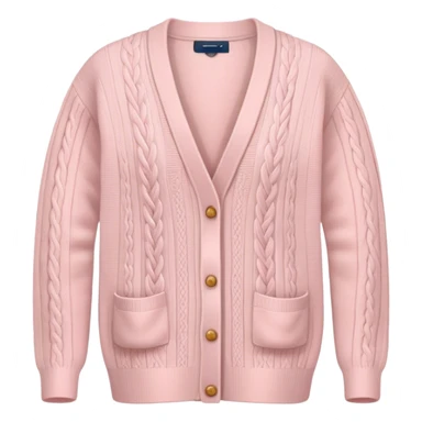 A soft pink cardigan with a cozy design sticker