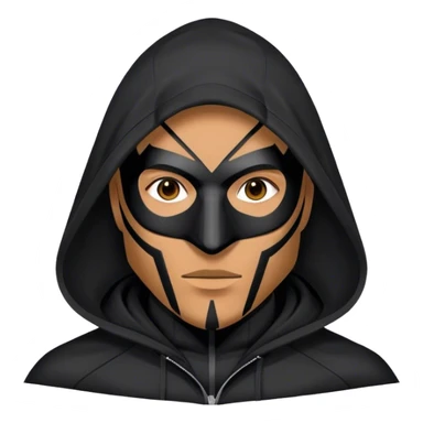 man with black hooded jacket and a full-black full-face geometric mask sticker