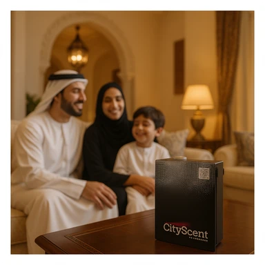 Create a vertical (portrait, 9:16 aspect ratio) Instagram Story–style image showing the CityScent air freshener machine on a table in a lavish home. Include a family in traditional Arabic clothing looking comfortable and happy, enjoying the scent. The style is realistic, luxurious, and suitable for social media stories. sticker