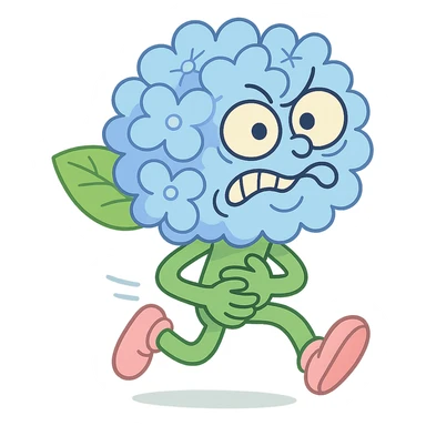 sky blue hydrangea flower with a twisted face and bulging eyes, holding its belly in a desperate toilet run, soft pastel shades, pastel-toon style sticker