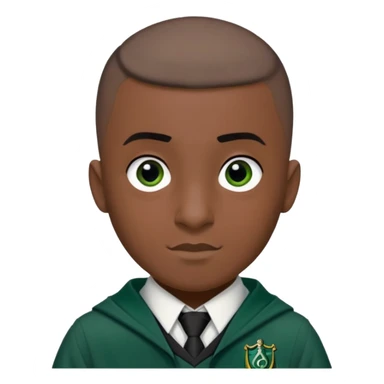 louis cordice is Blaise Zabini in harry potter, wear hogwarts slytherin uniform, Buzz Cut hair, black skin, long face sticker
