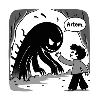 Scary Minecraft Enderman attacking player with username "Artem" floating text, in the dark End dimension with end stone sticker