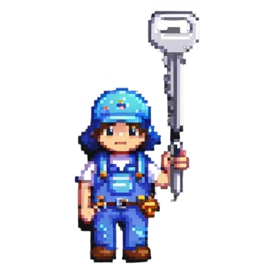 Bright colorful pixel art IT technician holding a car repair tool key sticker