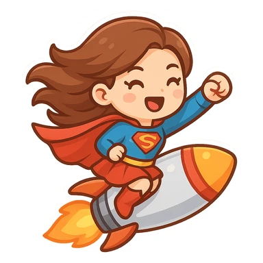rocket emoji with a superhero lady flying on the rocket, cape flowing, bold and colorful sticker