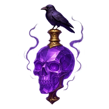 luxurious crystal elixir bottle in the shape of a skull, violet color with lots of glowing effects, sharp edges, ornate details, golden accents, magical effects, very small golden neck, beautiful merging base, clearly hanging in the air with no base or shadow, small crow sitting on top of the bottle, premium class design, matching a collection, transparent background sticker