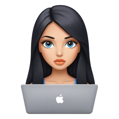 Glamours, tanned, very beautiful girl, with big pump peach lips, black straight smooth silky long hair, straight parting, blue-grey eyes with MacBook sticker