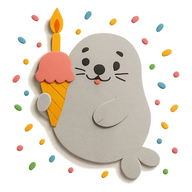 Add colorful confetti around the chubby seal, matching the paper-craft style and color palette. sticker