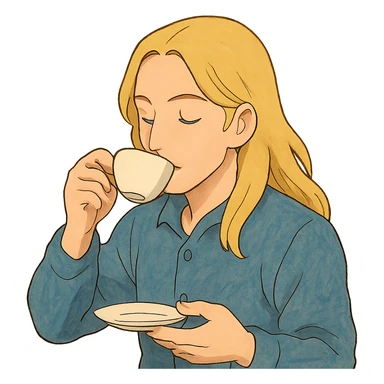 ghibli style emote of a long blonde male sipping tea, no background sticker