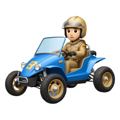 A small blue and gold dune buggy featuring a driver in a motorcycle helmet, with the word "BAJA" displayed on the side panel. sticker