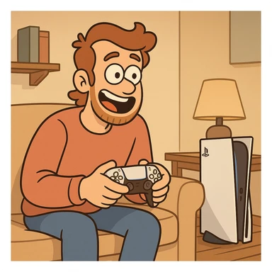cartoon style man playing PlayStation 5 console, joyful facial expression, gamepad in hands, cozy home atmosphere sticker