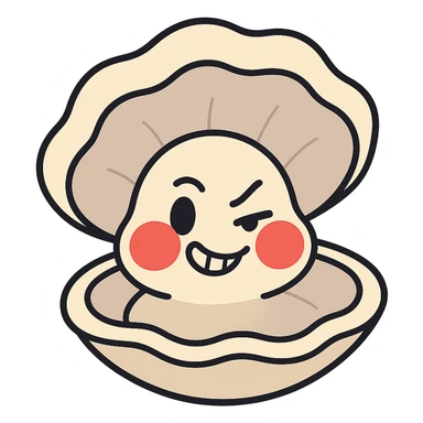 Create a cute oyster with a winking and malicious expression, very red cheeks, inspired by the reference image. Use pastel toon style with cream and greige colors. Make the background transparent. sticker