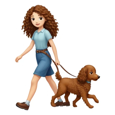 A long-haired girl walking a brown curly dog sticker