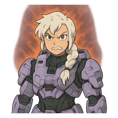 making an angry scowl, frown closed mouth, rage face, rage aura,  female, wearing reach spartan armor shoulder-unequip, long white braid hair with massive messy front side single bangs, gold yellow eyes, attention pose, D-cup size, HALO:series, no helmet, the armor is lavender color scheme, sticker