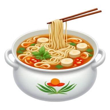 Yunnan Crossing the Bridge Noodles with raw ingredients and hot broth in special pot, simplified emoji style with bold outlines and bright colors, cartoon style unique serving method sticker
