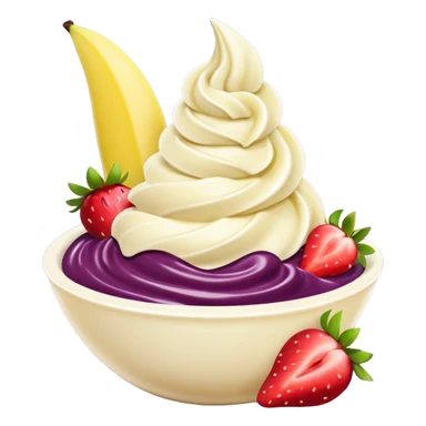 acai purple soft serve in a bowl strawberries and chopped banana sticker