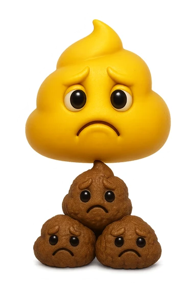 emoji stile iphone di una cacca giallina e liquida con espressione triste, sopra una montagnetta di feci a palline con espressione triste, iperrealistico 4k, isolato su sfondo bianco sticker