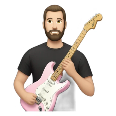 white man with dark beard and black t shirt and pastel pink stratocaster electric guitar sticker