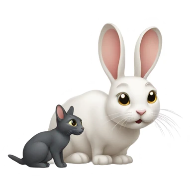 Rabbit sniffing a cat sticker