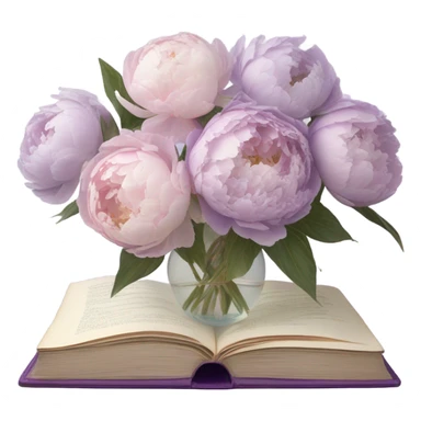 A vintage-inspired bouquet of pale violet and blush peonies resting on a lace-covered violet book. sticker