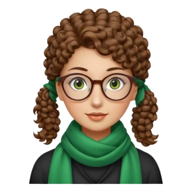 iranian woman, tight curly light brown hair in one high pony tail, glasses, green eyes, pretty, oval shape face, no hajib, scarf on neck sticker