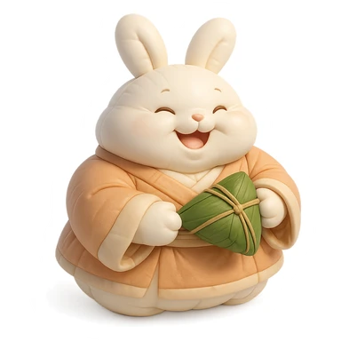 chubby bunny in hanfu holding a bamboo-wrapped zongzi with a big smile, Chinese traditional style, soft tones sticker