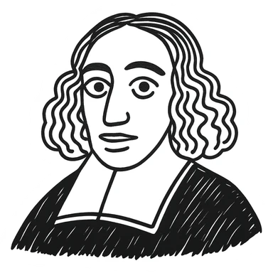 Reduce the number of strokes in the Spinoza black outline icon to make it less fuzzy, but keep it detailed and hand-drawn style. Maintain even pupils, long curly hair, 17th-century collar, and transparent background. sticker