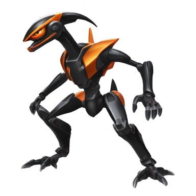 a shiny metallic black-orange Genesect-Flygon-Raptor-Fakémon-Medabot-hybrid with a futuristic visor-helmet full body sticker