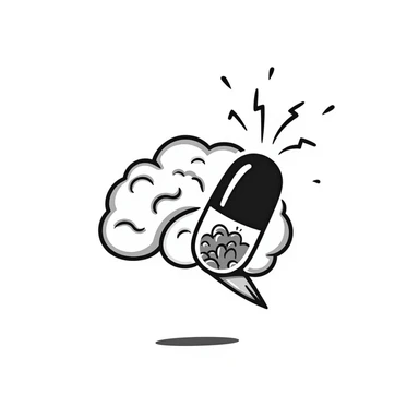 A magical amber capsule floating in front of a brain with fog lifting, showing electrical connections brightening one by one, creating clarity and focus. The brain becomes sharper and more defined. sticker