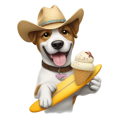 Dog surfing wearing a cowboy hat with an ice cream in his hand sticker