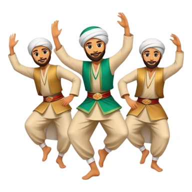 Cinematic Realistic Dabke Dance Emoji, depicted as an energetic traditional Lebanese folk dance with vibrant costumes and rhythmic movements, rendered with dynamic textures and festive natural lighting that captures its communal joy. sticker