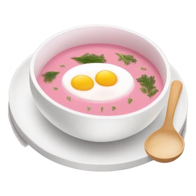 White bowl of Pink soup no face, put a hard boiled egg on top of the soup as decoration that’s cut in half, some dill,   sticker