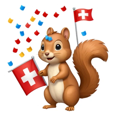 squirrel waving a Swiss flag, confetti in the air, emoji style sticker