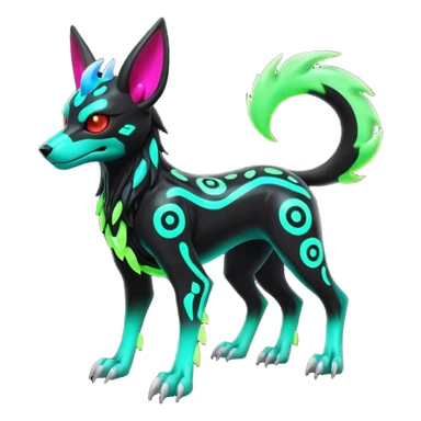 Hyper realistic slim horned skeletal black and neon green futuristic shiny colorful bioluminescent cyber-Poochyena-Zorua-Litten-Houndoom-Fakémon-Pokémon-Digimon-hybrid-fusion (full body) with a skull face sticker