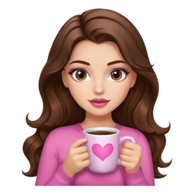 girl with long wavy brown hair, brown eyes, long lashes, makeup, ,sexy pink lips, light to medium complexion, pink sexy top, with a coffee mug sticker