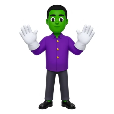 Cartoon black male around face green with big white gloves overall two gold buttons and purple shirt and black shoes black hair full body sticker