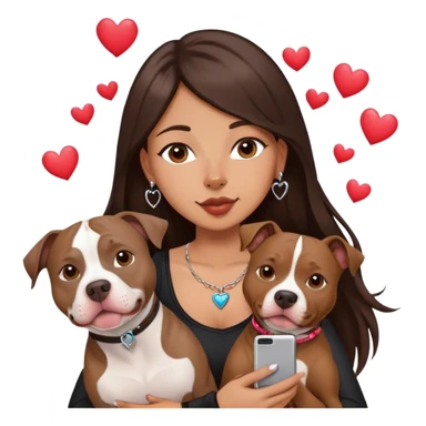 Young girl was long, dark brown hair sits with her dog who is a pretty girl pitbull with her cell phone in her hand in a small septum ring in her nose was hearts flying all around her sticker