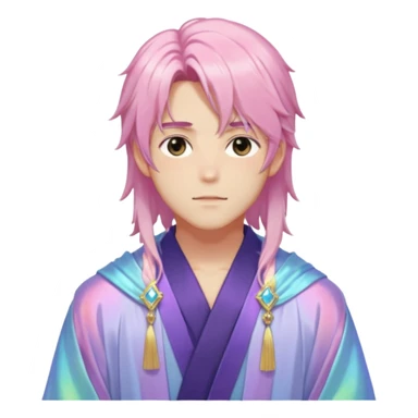 Beautiful gorgeous romantic blushing youthful handsome anime guy with beautiful iridescent-pastel-special-gently-tousled-medium-long-hair, fashion aesthetic, ethereal, fairycore, pastelcore, layered robes, accessories, jewelries, colorful, shiny, trending style, outside sticker