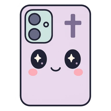 Make the white and black gothic kawaii phone case more minimal, reduce details, keep only one or two simple gothic symbols, big eyes, smiling, playful, cartoonish, no purse references, with no background. sticker