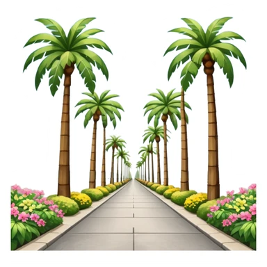 palm tree lined pedestrian pathway with tall green palm trees on both sides, colourful flowering bushes on each side, clear blue sky, bright sunny weather with symmetrical perspective view down the road. grey concrete road. warm tropical holiday vibe with sun and blue sky in background sticker