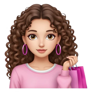 cute balayage brunette long hair curly/wavy haired girl, hoop earrings, clean girl makeup DOING SHOPPING WITH PINK CLOTHES ON sticker