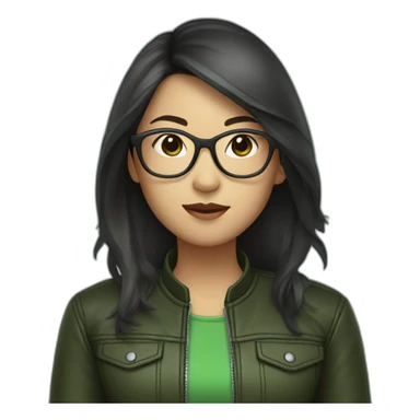 asian girl with glasses and a leather jacket with a green shirt and long dark hair sticker