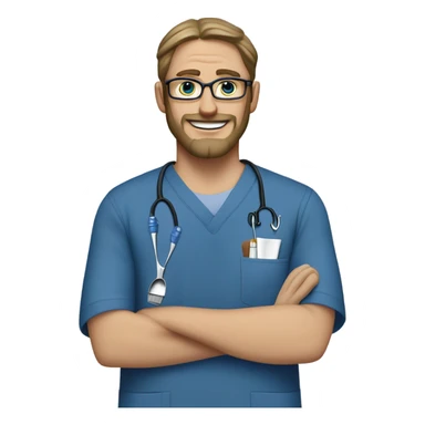 male dark blond with goatee beard doctor with hazel eyes and wire rim glasses in dark blue scrubs holding a paintbrush and a jigsaw  sticker