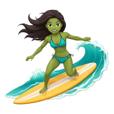 ork female surfer riding big turquoise wave, muscular green body, fierce tusked grin, sporty bikini top and board shorts, long windswept dark hair, focused eyes, surfboard under feet, minimal ocean and sky background, centered emoji, vibrant summer colors, sticker style sticker