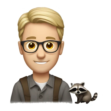 White Man with glasses holding raccoon sticker