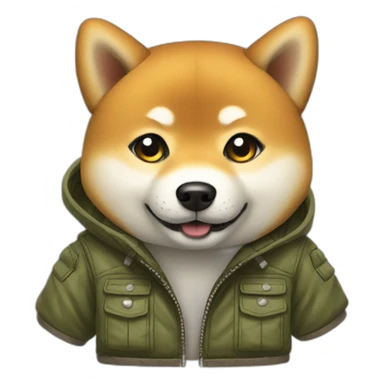 Shiba inu with a jacket sticker