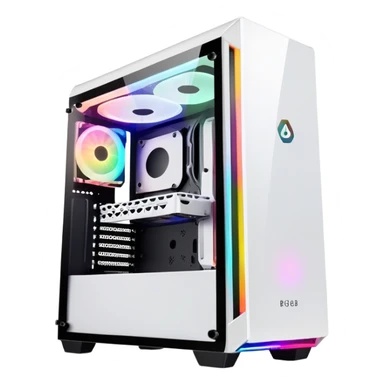 White gaming PC RGB mid-tower case with glass side panel in left and fron sticker