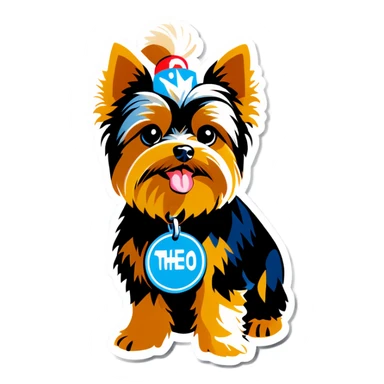 Yorkie with a dog tag that says theo sticker
