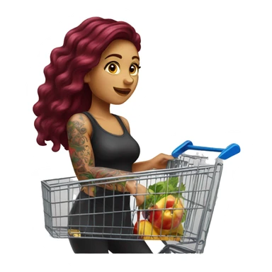 Beautiful tattooed burgundy long haired woman pushing shopping cart sticker