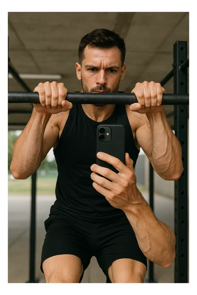 uomo che fa Muscle up e si sta filmando davanti con il telefonino per vedere la sua posizione dei gomiti e delle mani sulla sbarra sticker