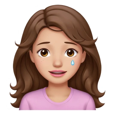 girl with wavy long brown hair, brown eyes, light to medium complexion, long lashes, light pink lipstick, wearing light pink shirt, smiling, crying  sticker